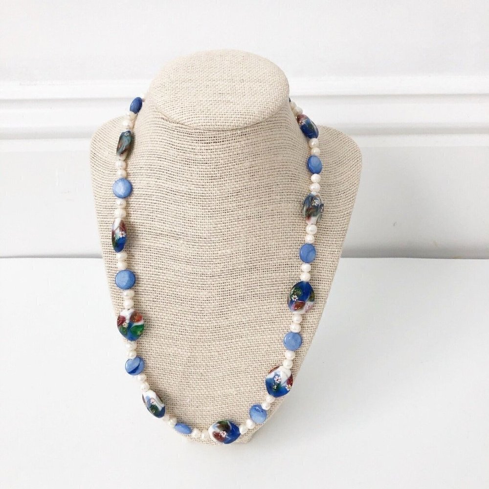 NWT Genuine Pearls, Mother of Pearl & Painted Ceramic Beads Necklace Blue White